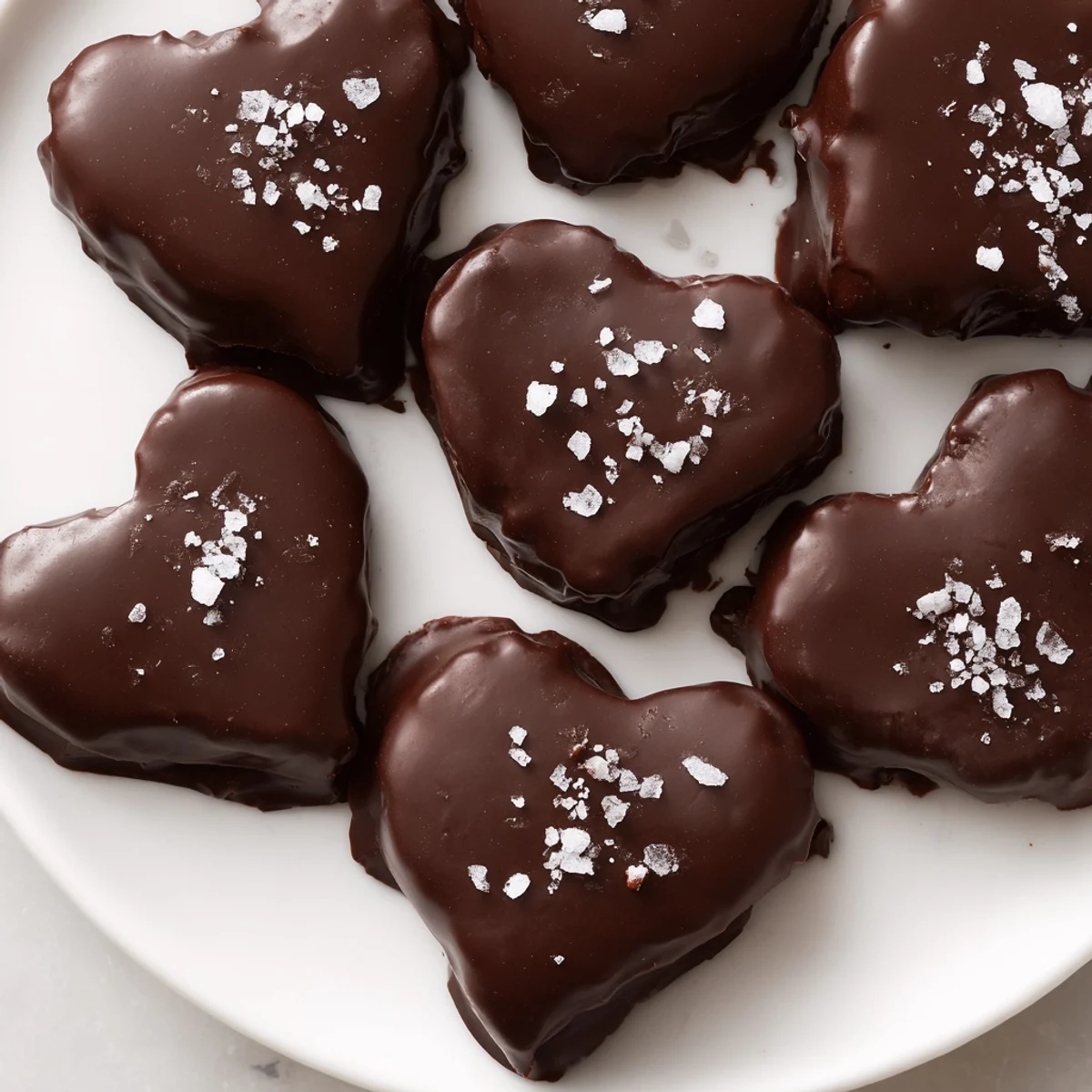 Melted chocolate coating rich peanut butter centers in this step-by-step view of Chocolate Peanut Butter Hearts with Sea Salt preparation.