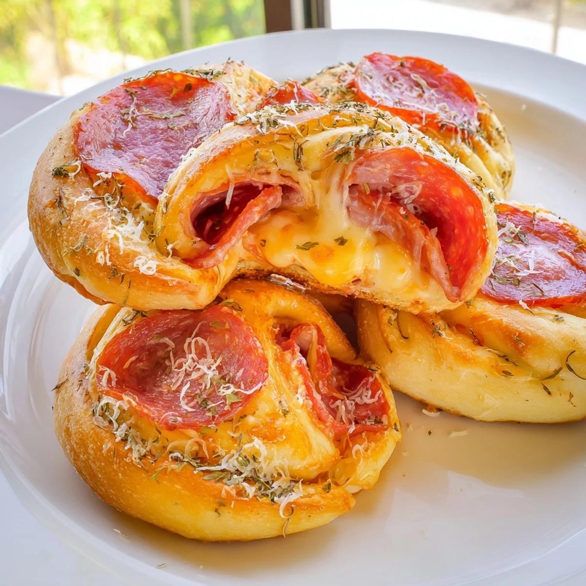 Golden-brown Pizza Rolls with Beef Pepperoni and Cheese, fresh from the oven and bubbling with melted cheese.