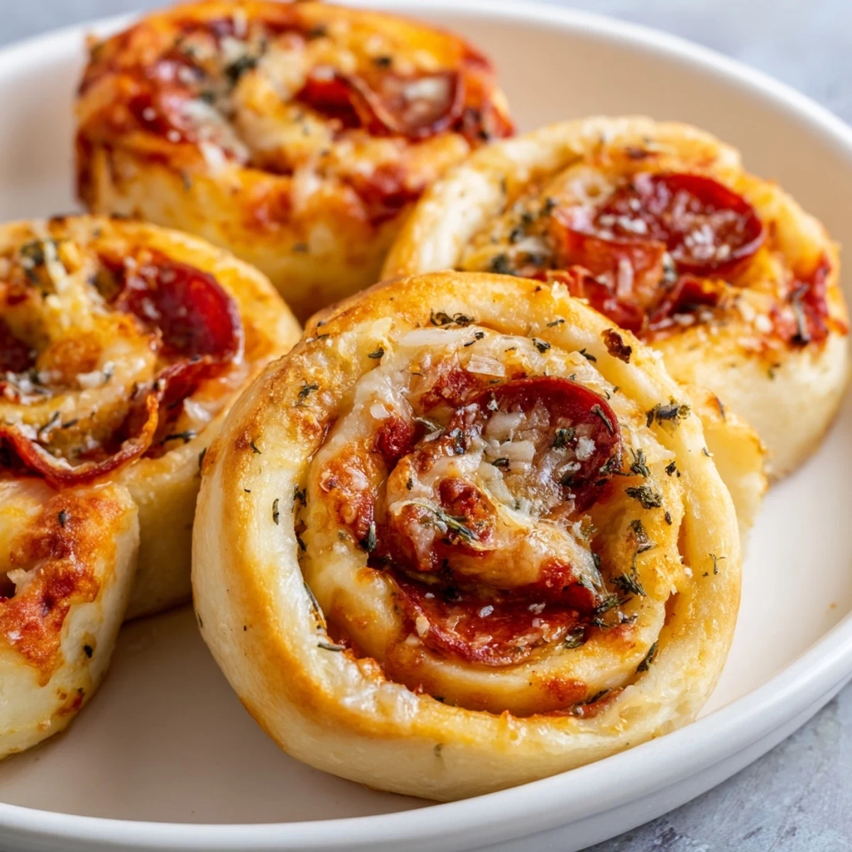 Freshly baked Pizza Rolls with Beef Pepperoni and Cheese served warm with a side of marinara dip.