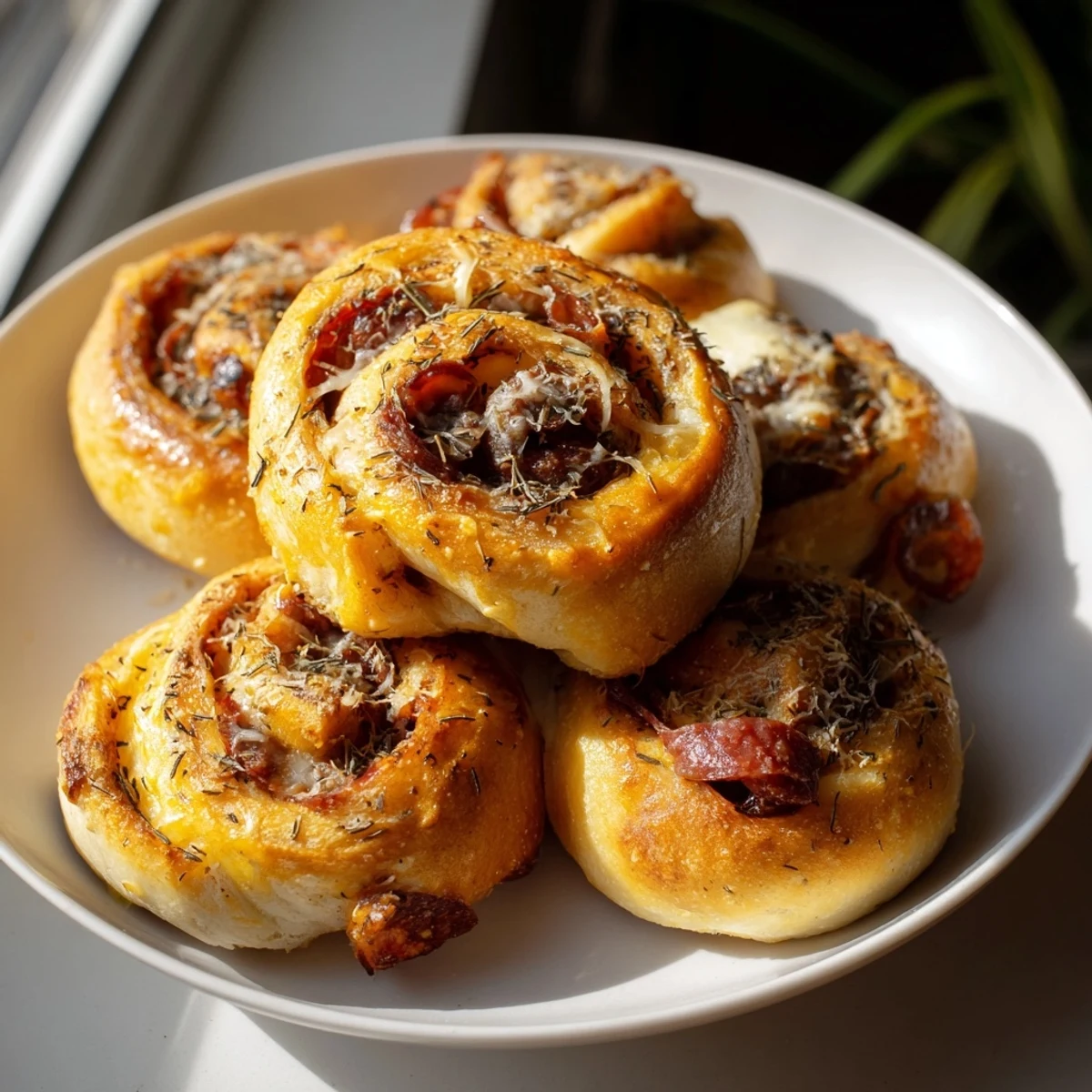 Close-up of Pizza Rolls with Beef Pepperoni and Cheese showing flaky dough, savory pepperoni, and gooey cheese.