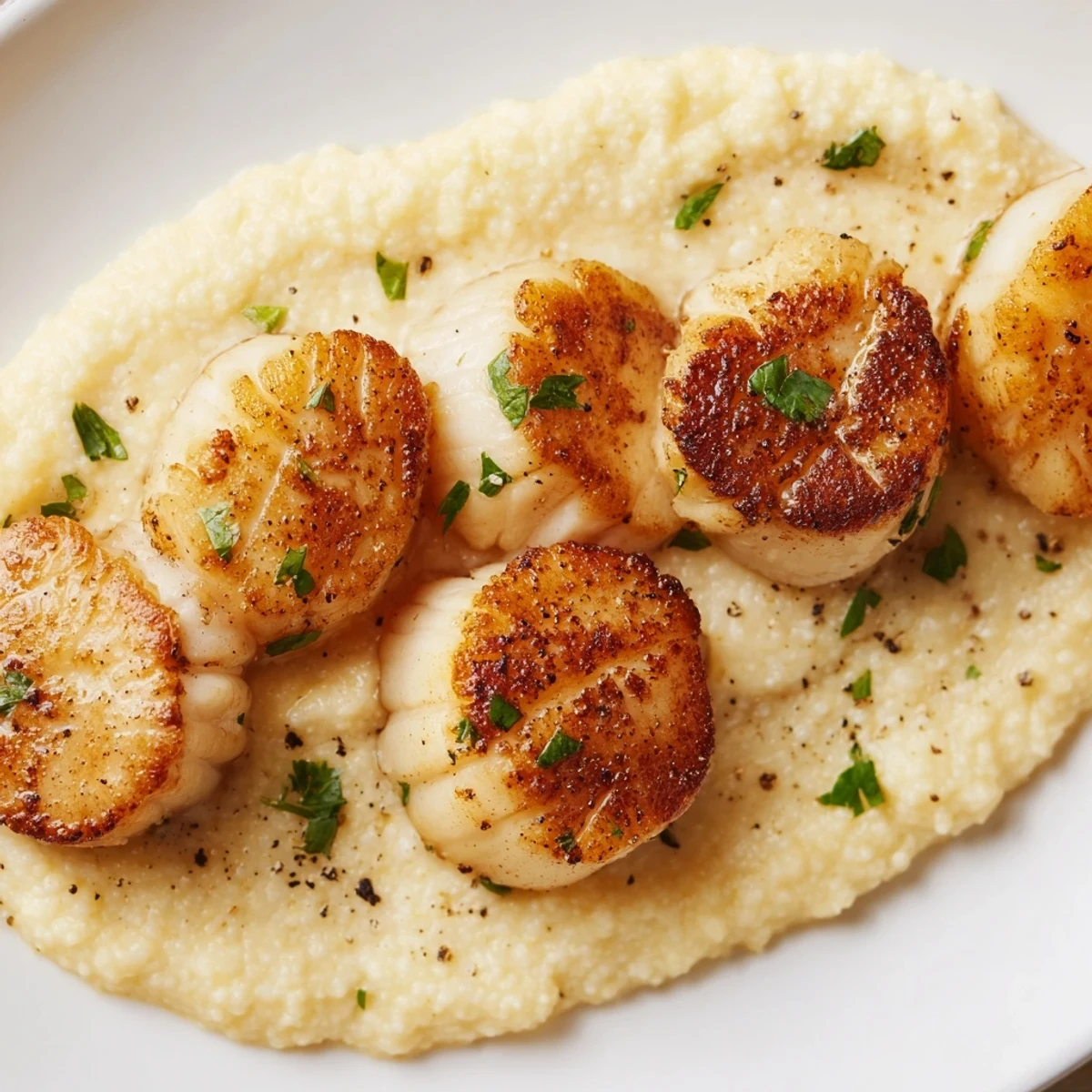 Golden-brown scallops nestled on a bed of creamy polenta, garnished with fresh chives and a lemon wedge for a bright finish.  
