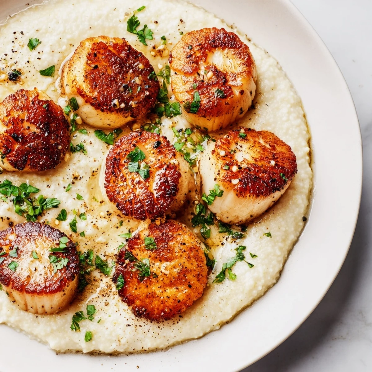 Pan Seared Scallops with Creamy Polenta, served warm with a hint of black pepper and herbs in an elegant presentation.  