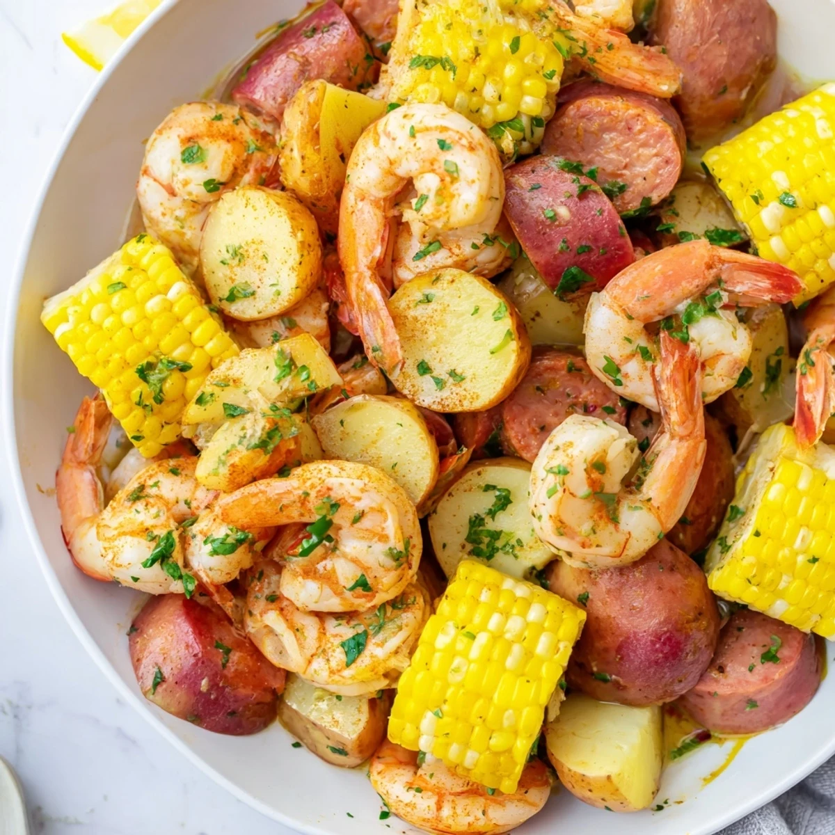 A classic Mardi Gras Shrimp Boil with corn on the cob, smoky sausage, and potatoes piled high on a serving tray, seasoned with vibrant Cajun spices and fresh parsley.