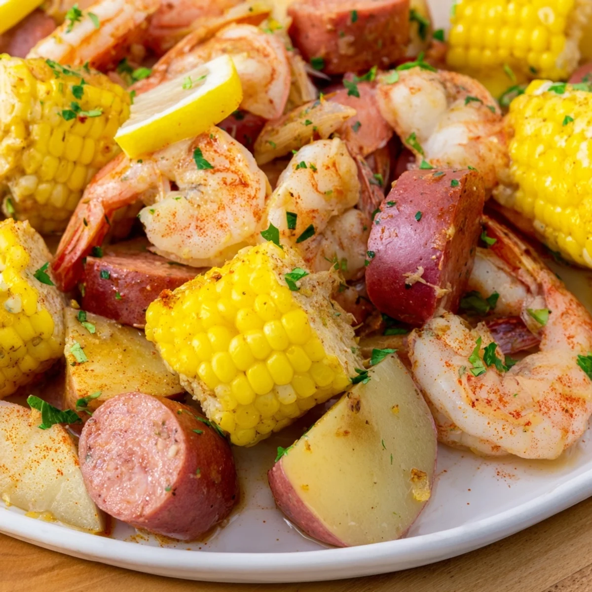 This hearty Mardi Gras Shrimp Boil showcases bright shrimp, charred corn on the cob, spicy sausage, and potatoes, served with lemon wedges for a festive Southern celebration.