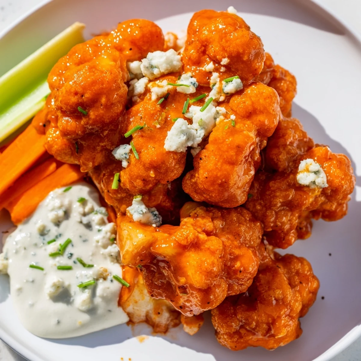 Crispy golden Buffalo Cauliflower Wings with blue cheese dip and fresh celery sticks on a rustic wooden board.