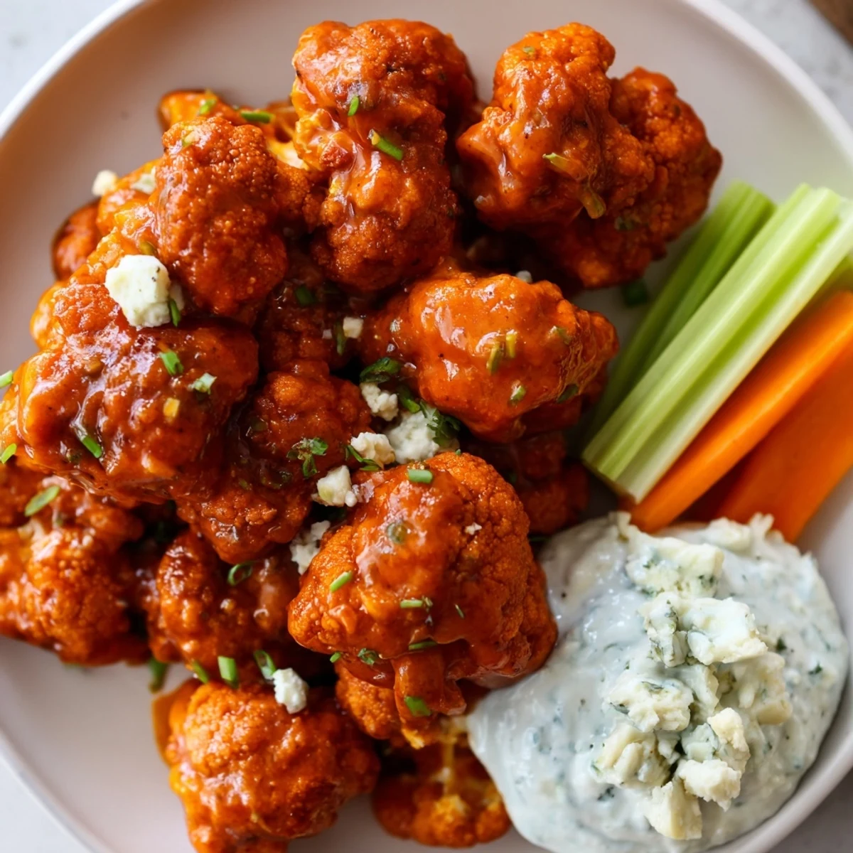 Freshly cooked Buffalo Cauliflower Wings served with crunchy carrot sticks and a bowl of homemade blue cheese dip.