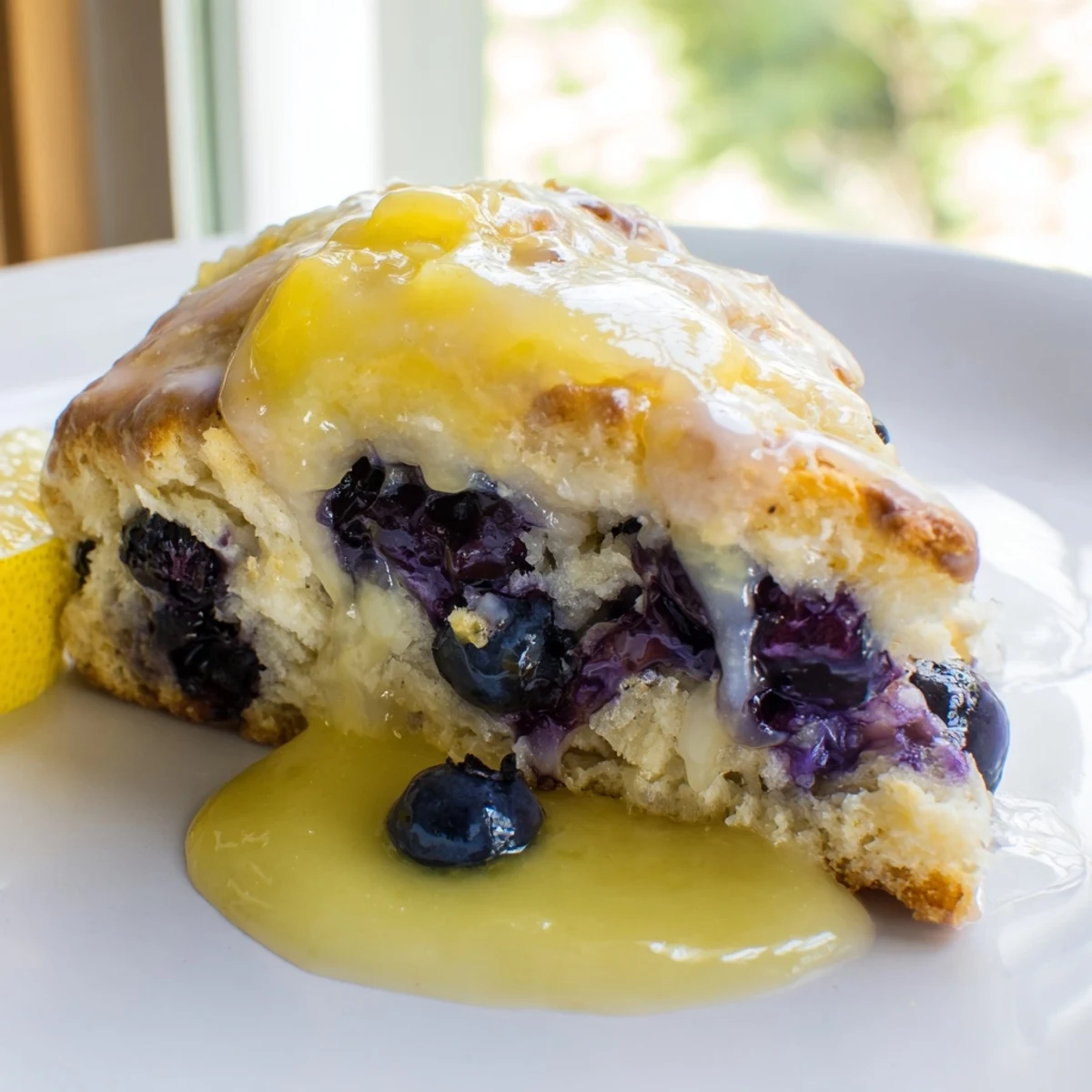 Lemon Blueberry Scones with Lemon Curd served warm on a white ceramic plate, drizzled with glossy yellow sauce and fresh blueberries.