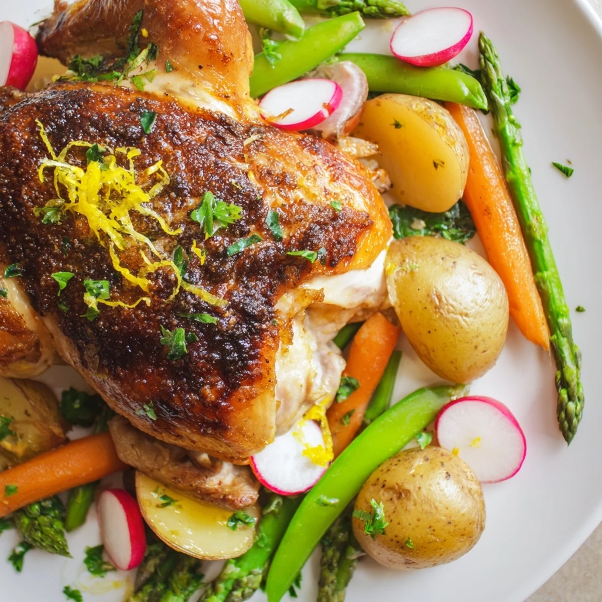 Golden-brown roasted chicken with spring vegetables on a rustic platter, featuring tender asparagus and carrots.  