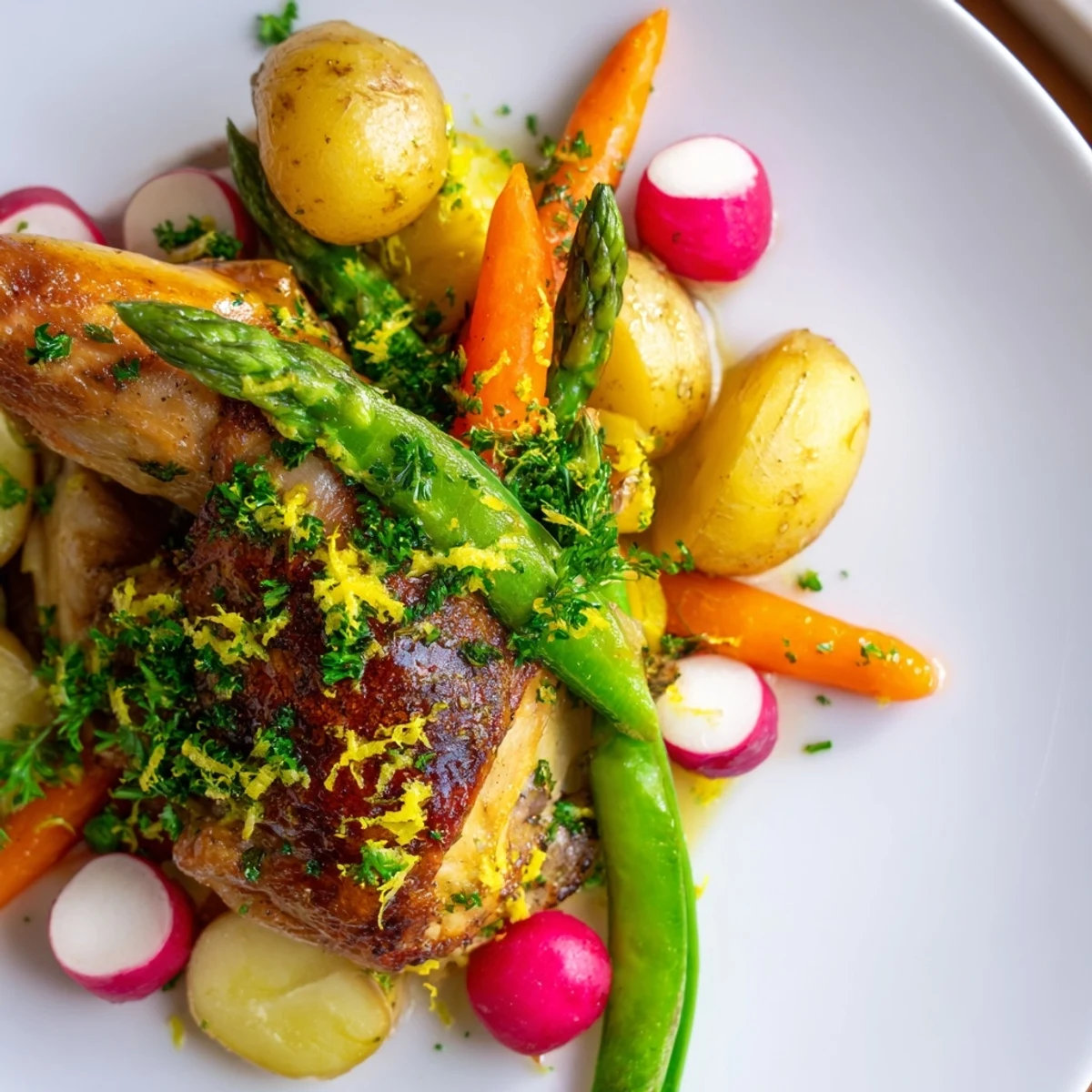 A juicy whole roasted chicken surrounded by vibrant spring vegetables, ready for a family dinner.  