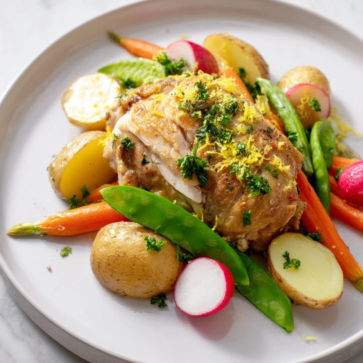 Fresh herbs and lemon zest garnish this roasted chicken with spring vegetables for a flavorful main dish.