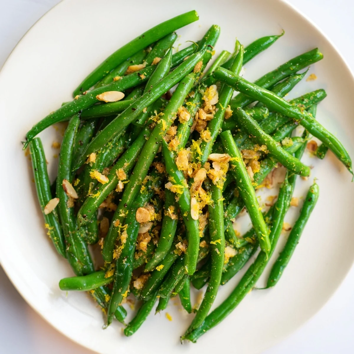 Crisp-tender Green Beans with Toasted Almonds and Lemon glisten with butter and fresh zest, served warm in a white bowl.  
