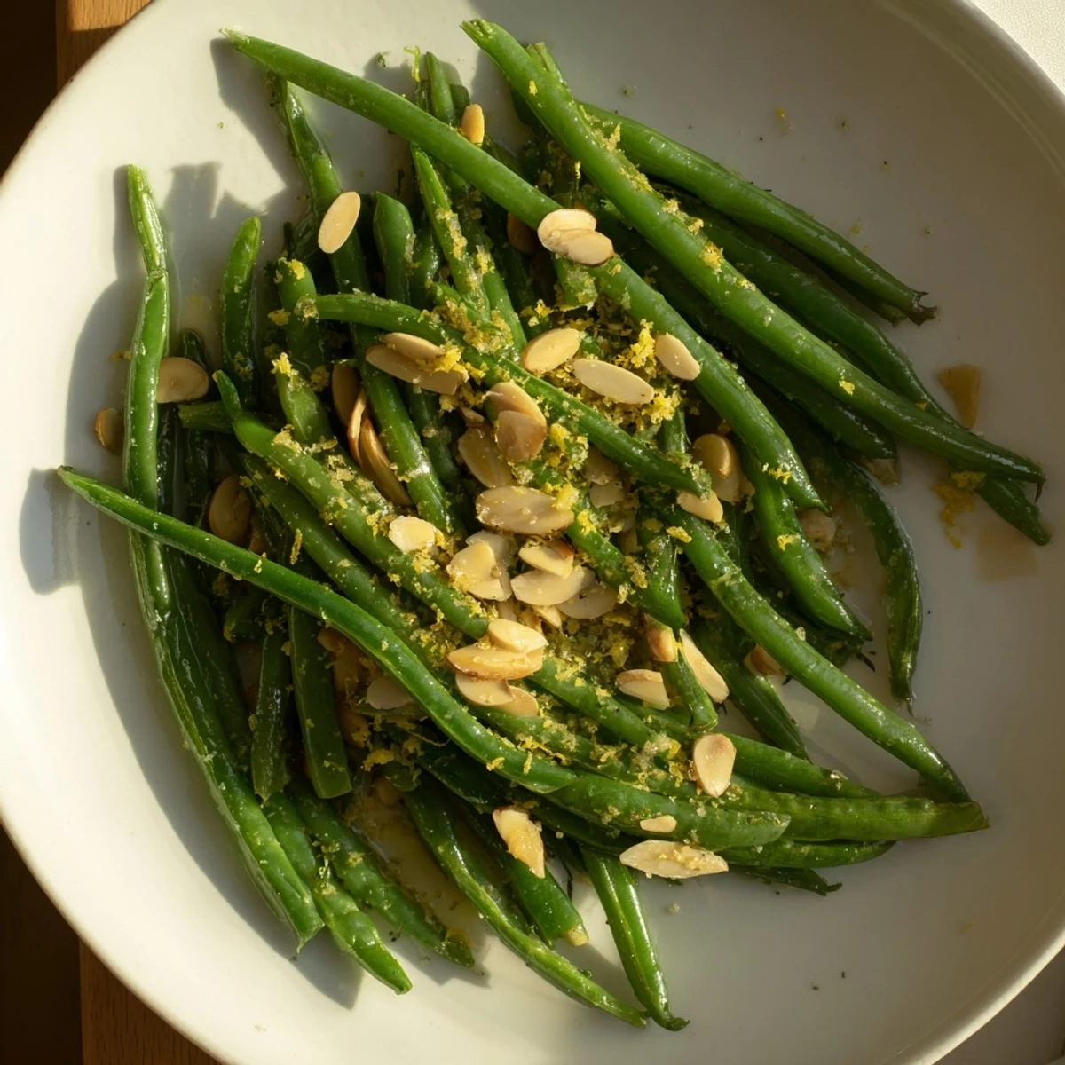 Vibrant, fresh Green Beans with Toasted Almonds and Lemon paired beside roasted chicken for a colorful weeknight side dish.  