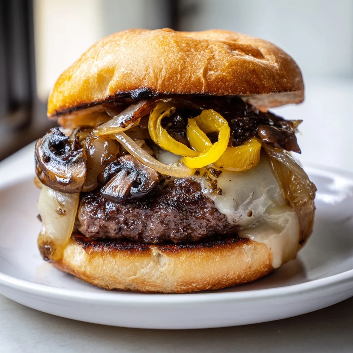 Golden caramelized onions and sautéed mushrooms top a grilled beef patty on this gourmet Beef Burger with Caramelized Onions and Mushrooms.