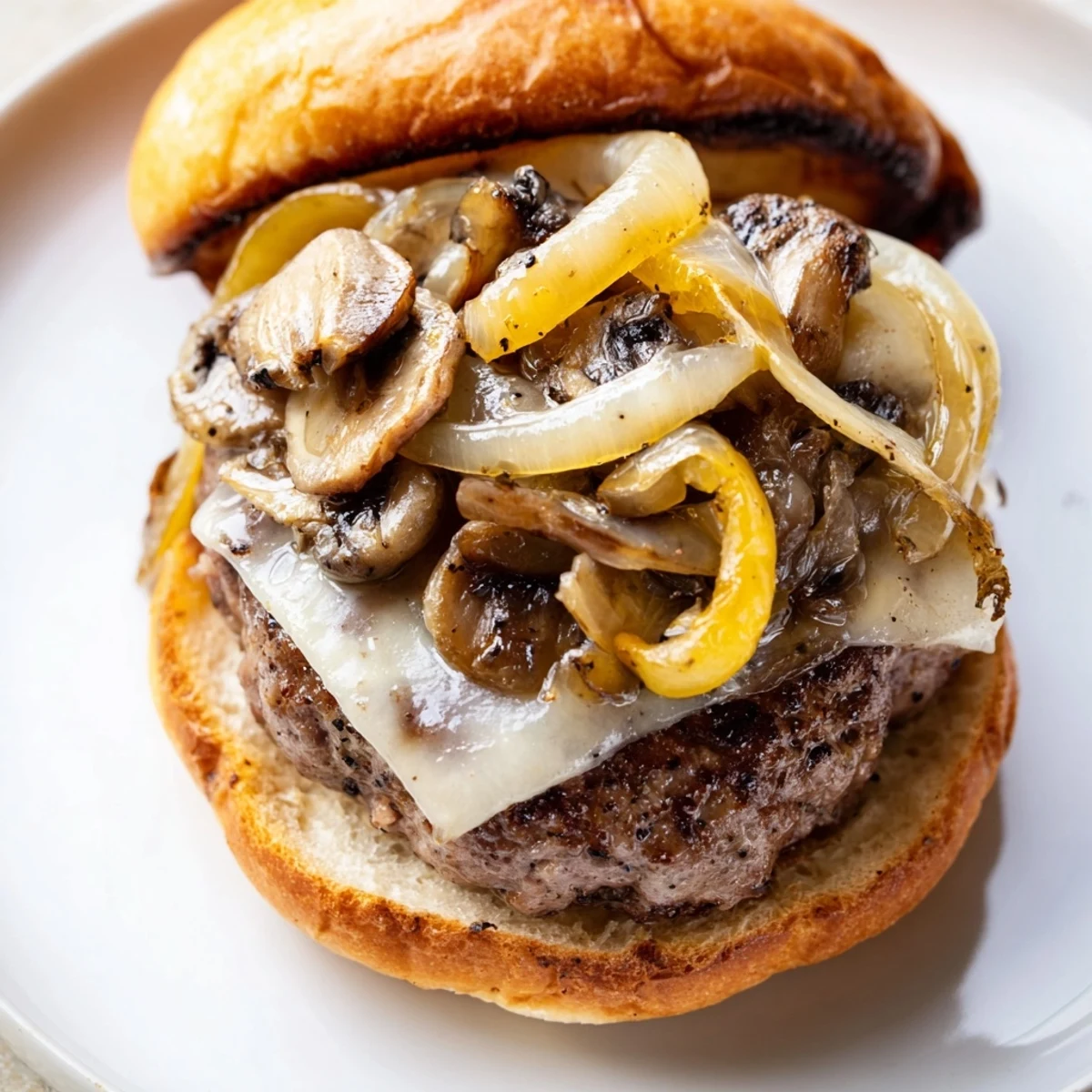 Close-up of a classic American Beef Burger with Caramelized Onions and Mushrooms, layered with fresh lettuce and tomato on a sesame bun.