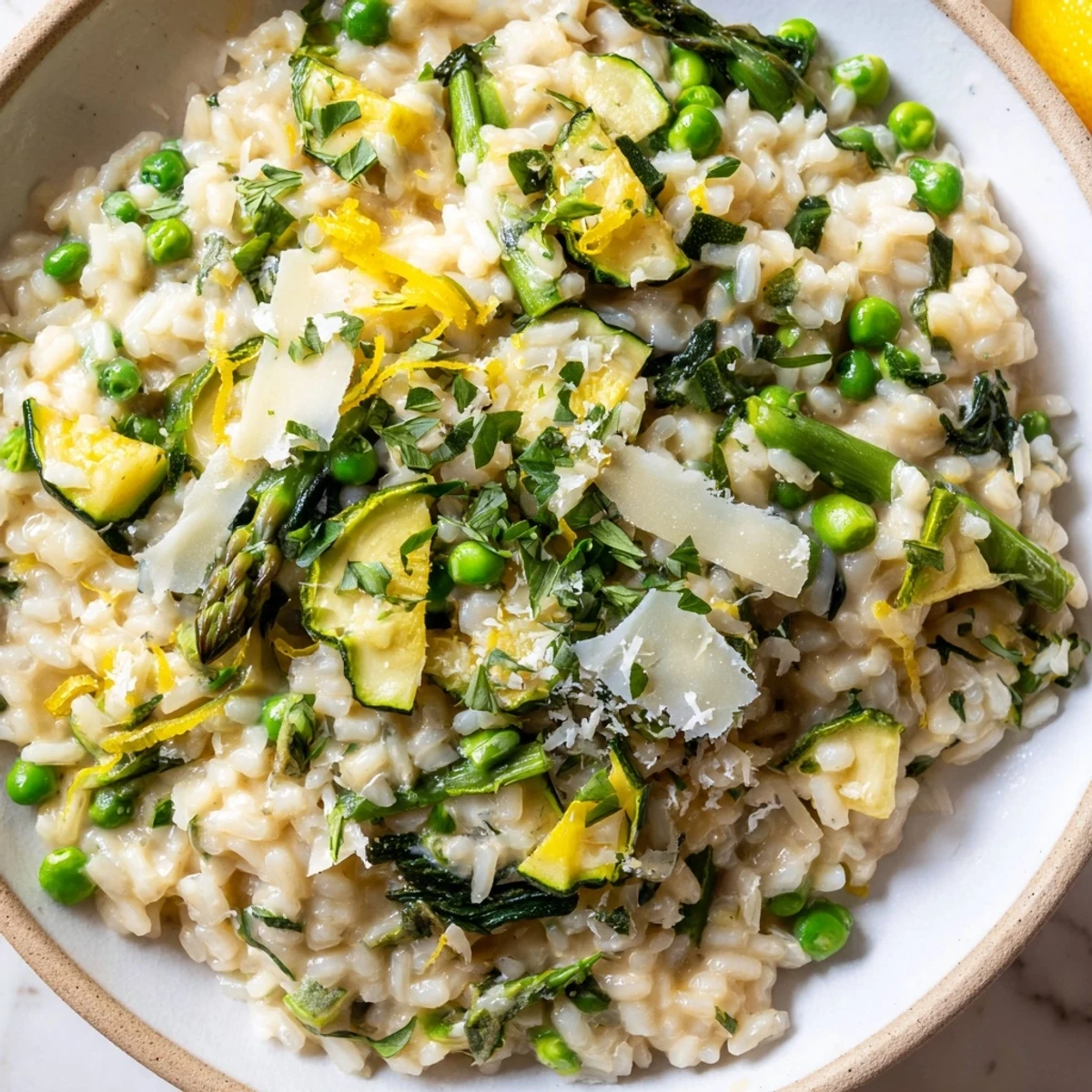 A warm bowl of Spring Vegetable Risotto topped with fresh herbs and a sprinkle of Parmesan cheese.