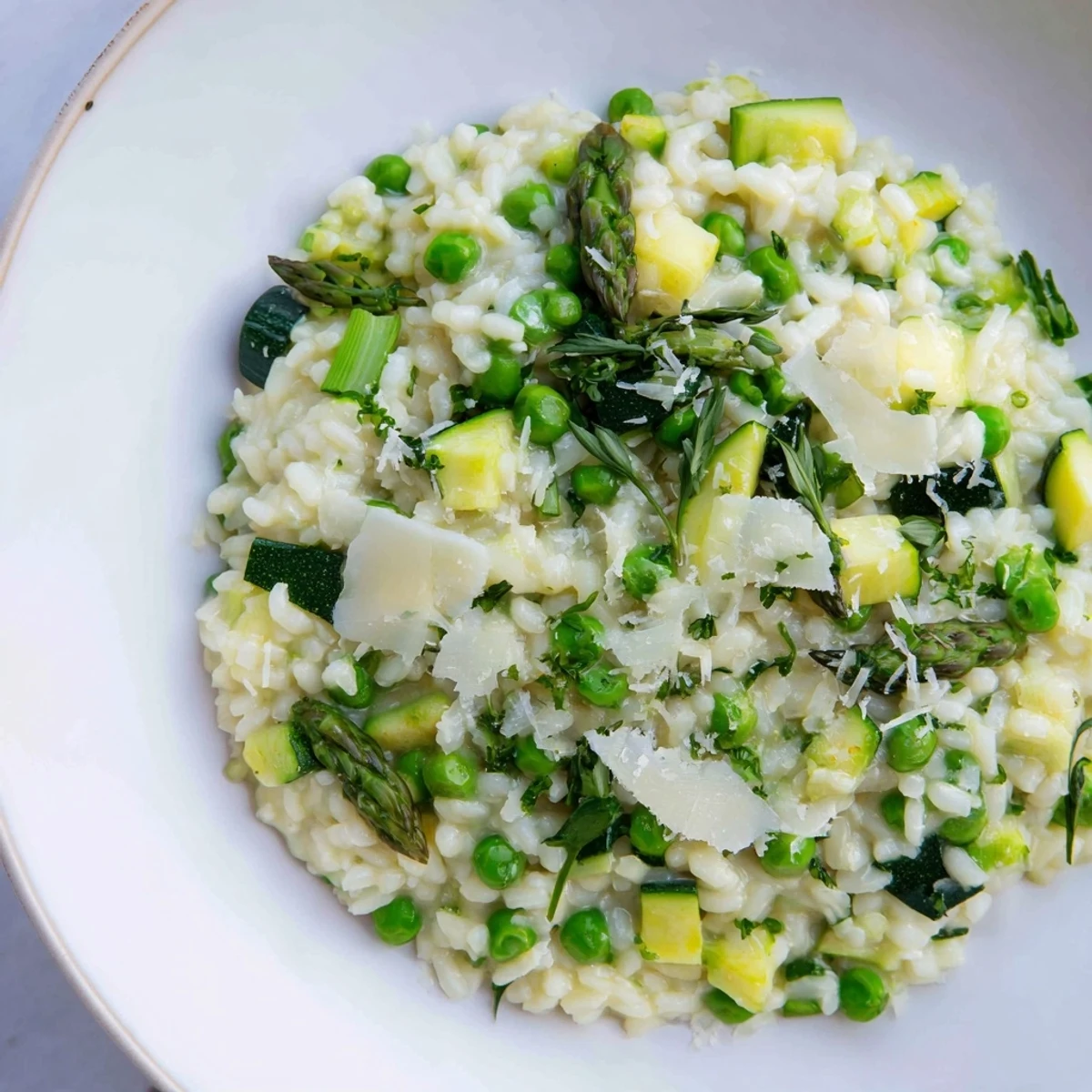Spring Vegetable Risotto with vibrant green asparagus, peas, and spinach served on a white ceramic plate.