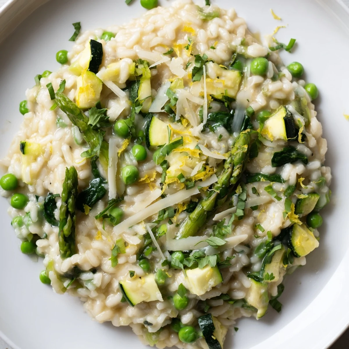 Creamy Arborio rice with spring vegetables and lemon zest, perfect for a light, zesty main dish.