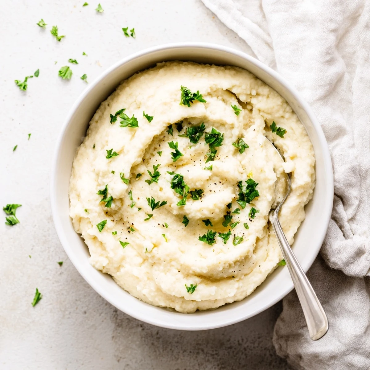 Creamy Roasted Garlic Mashed Cauliflower served warm in a rustic bowl, garnished with fresh green chives for a low-carb side dish.