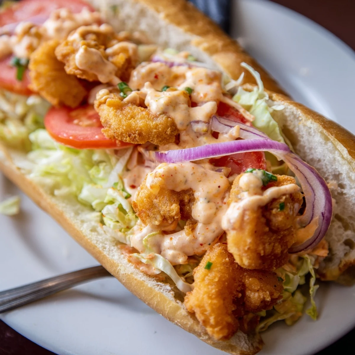 A close-up of a Mardi Gras Shrimp Po' Boy sandwich, featuring golden-brown shrimp and vibrant vegetables on a fresh roll.