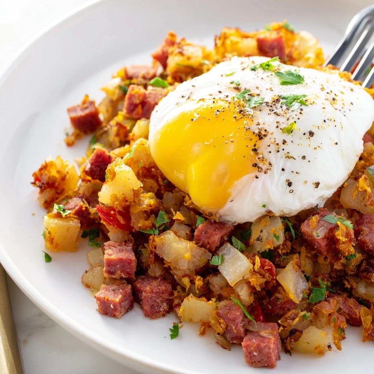 A close-up of golden crispy corned beef hash topped with a soft poached egg, garnished with fresh parsley for a savory breakfast.