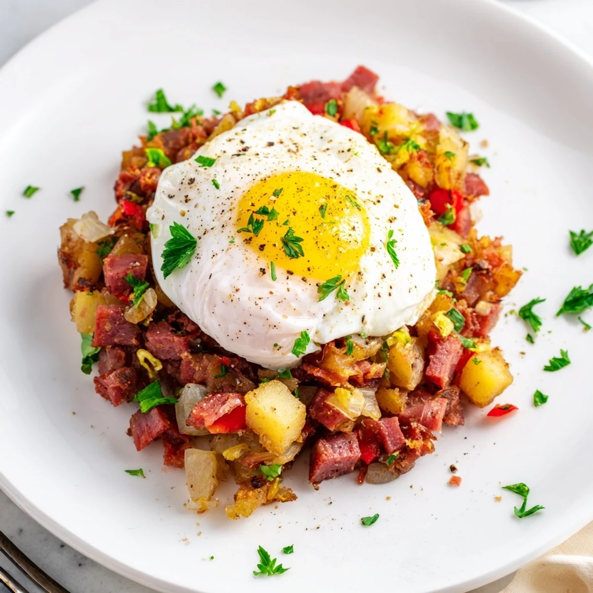 This classic American corned beef hash with poached eggs features runny yolks and crispy potatoes, perfect for a hearty brunch plate.