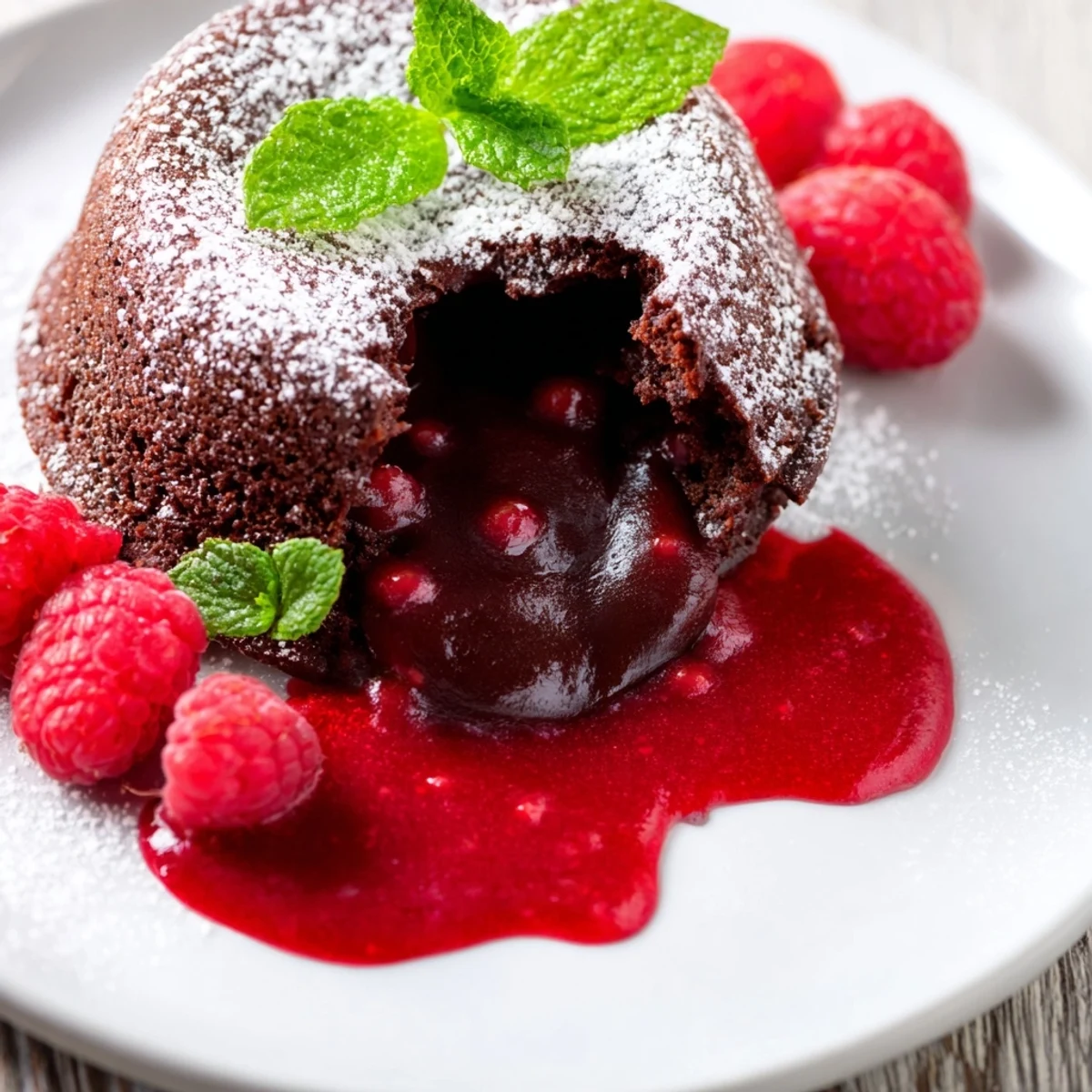 Golden-brown Chocolate Lava Cakes with Raspberry Coulis dusted with powdered sugar and garnished with fresh mint.