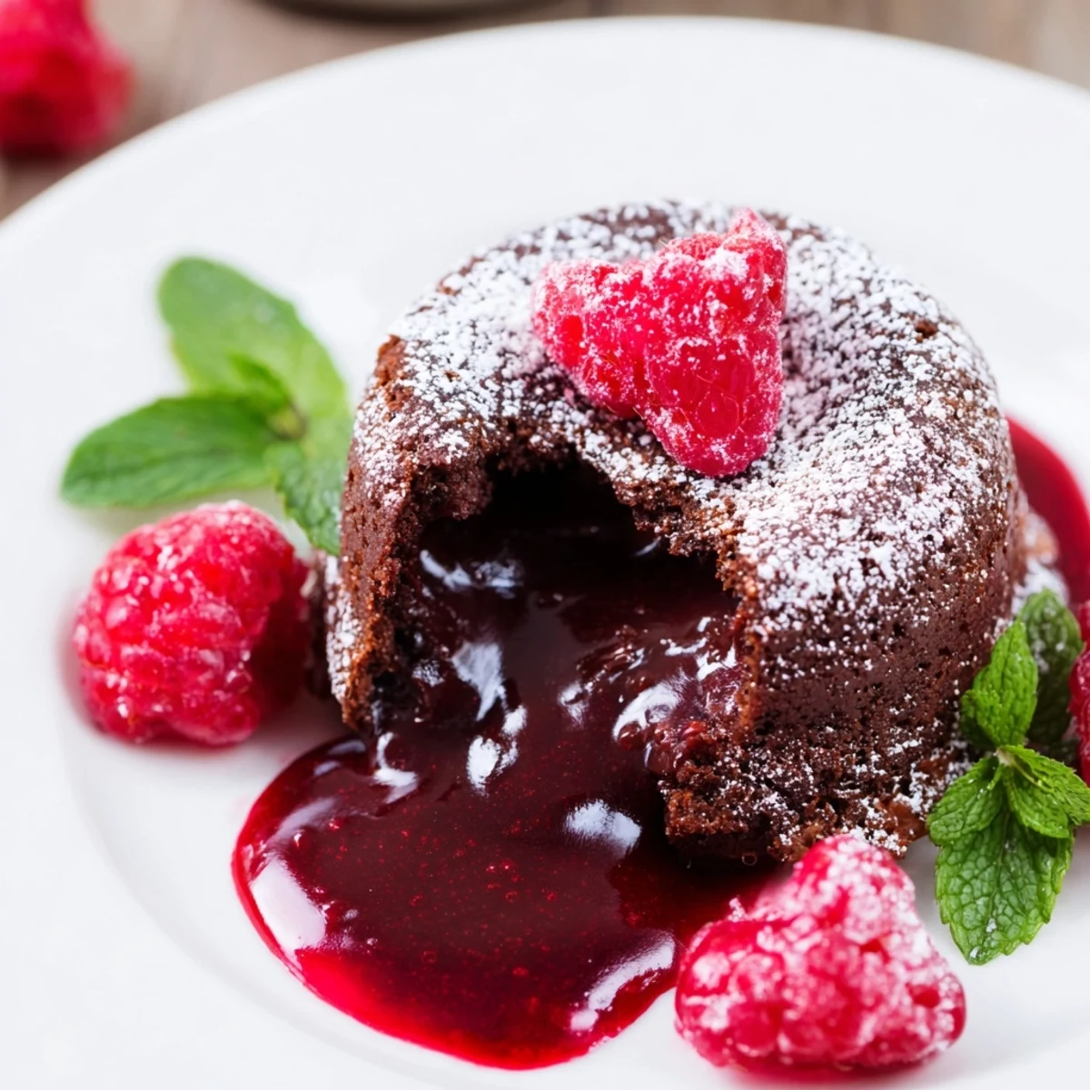 Elegant Chocolate Lava Cakes with Raspberry Coulis topped with fresh berries, perfect for a romantic dessert.
