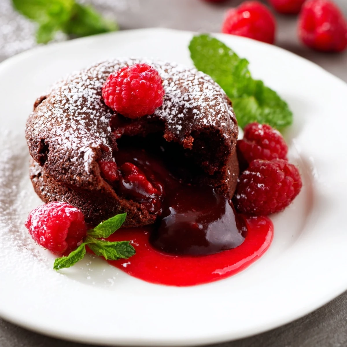 Warm, gooey-centered Chocolate Lava Cakes with Raspberry Coulis drizzled over, served on a white plate.