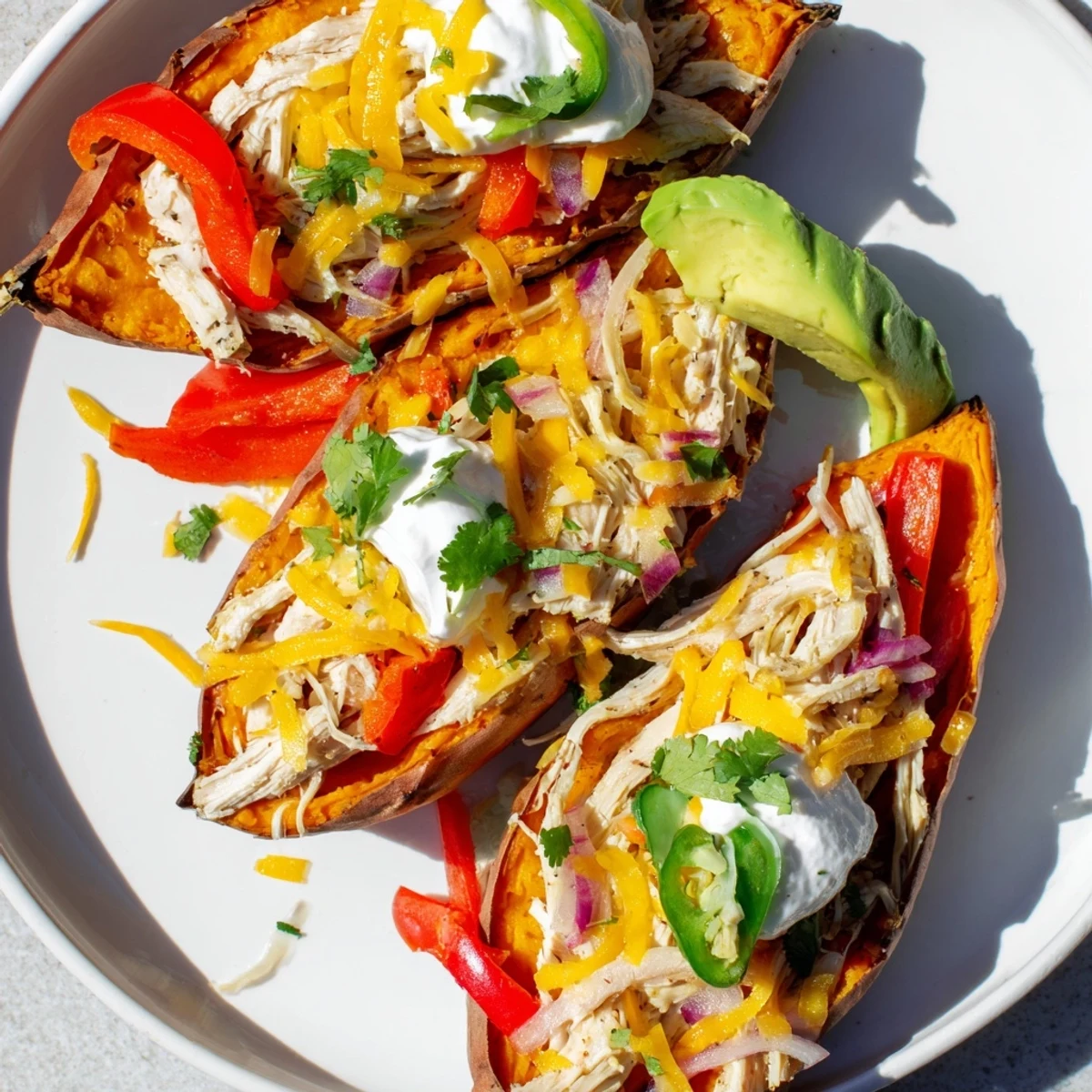 Golden roasted Chicken Fajita Stuffed Sweet Potatoes topped with melted cheddar cheese and fresh cilantro garnish.