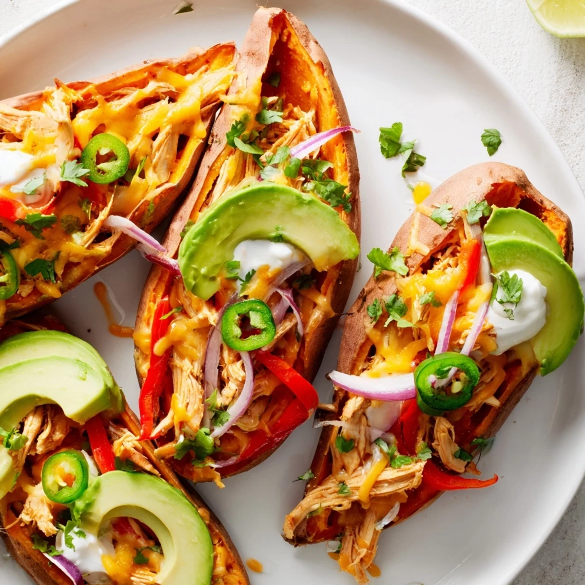 Juicy chicken fajita filling spills from tender Chicken Fajita Stuffed Sweet Potatoes with sliced avocado and sour cream.