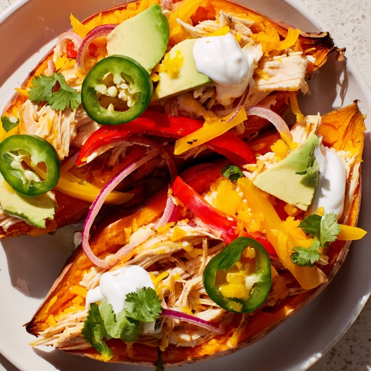 Colorful peppers and onions mound inside baked Chicken Fajita Stuffed Sweet Potatoes, served hot with jalapeño slices.