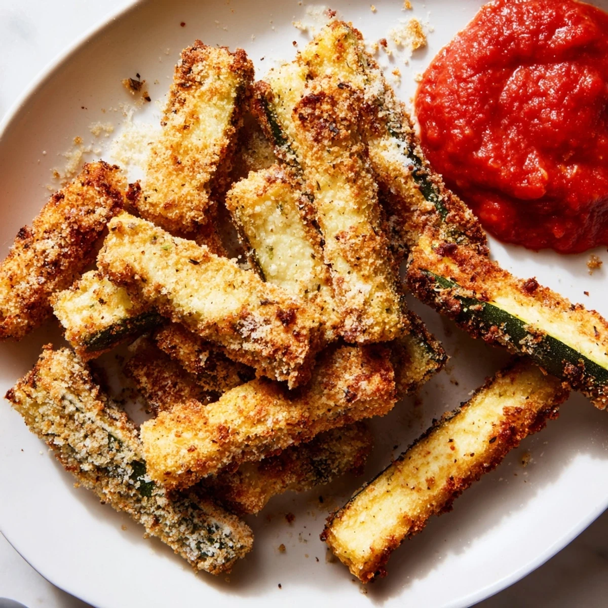 Crispy Baked Zucchini Fries with Marinara Sauce arranged on a platter with fresh basil garnish. 