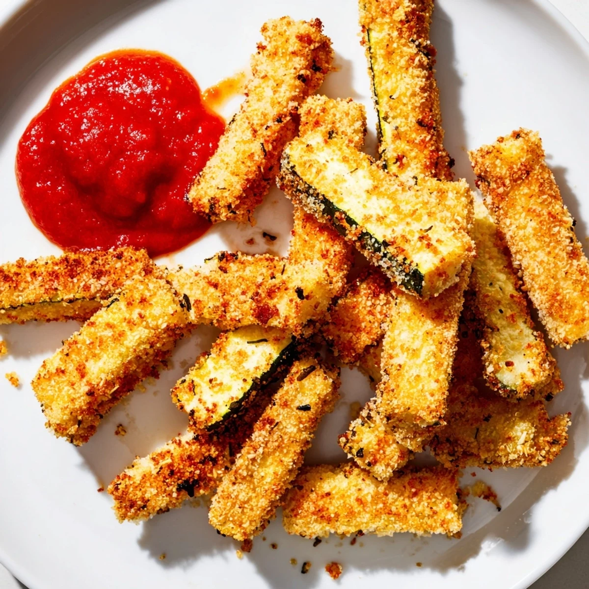 Oven-baked Baked Zucchini Fries with Marinara Sauce served on a white plate, golden and crunchy. 