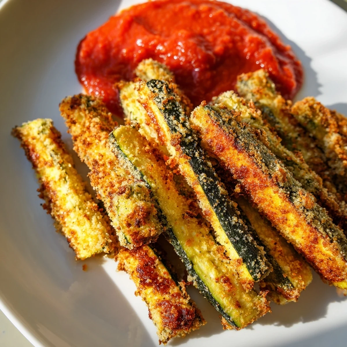Homemade Baked Zucchini Fries with Marinara Sauce dip, ideal for a vegetarian snack or appetizer.