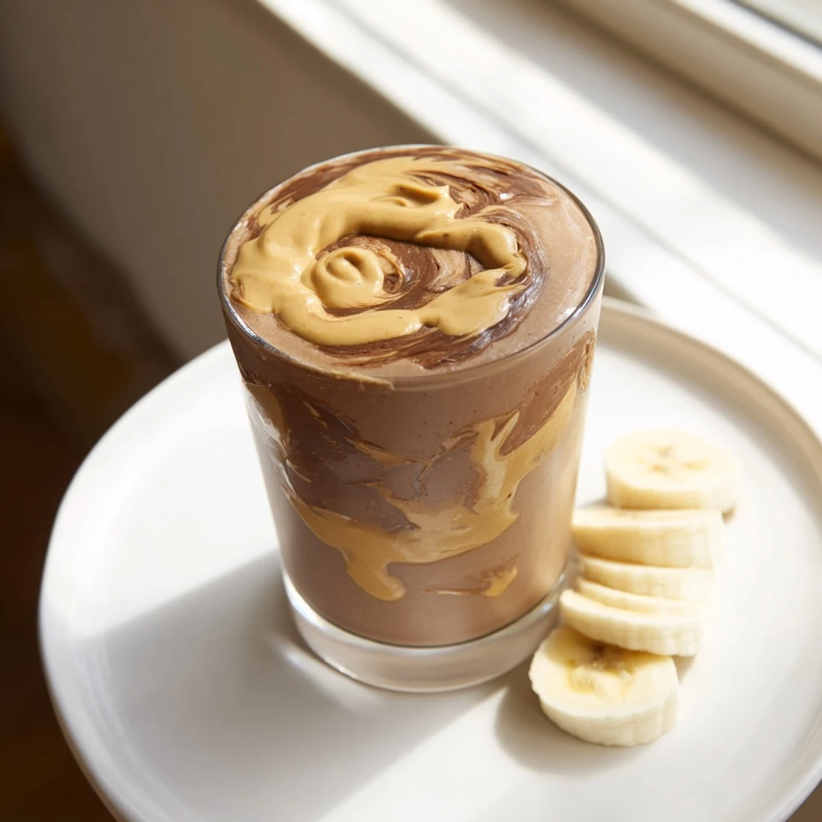 Cold Chocolate Peanut Butter Smoothie with Banana poured into a glass, showing a creamy, frothy texture and banana slices garnish.