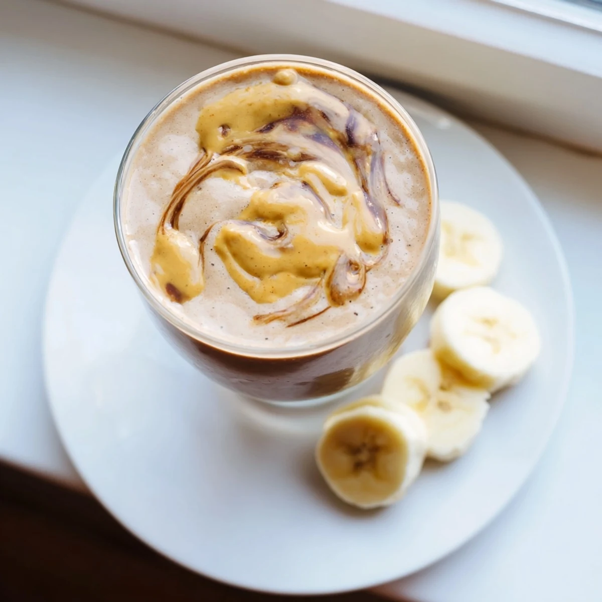 A tall glass of Chocolate Peanut Butter Smoothie with Banana, topped with a peanut butter drizzle and cocoa nibs, ready to enjoy.