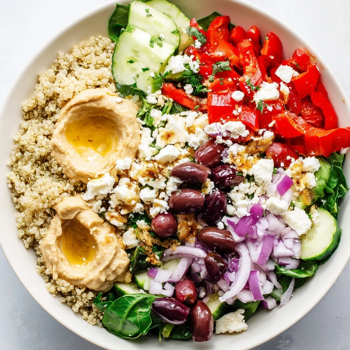A close-up of Mediterranean Quinoa Bowl with Hummus featuring Kalamata olives and feta cheese crumbles.
