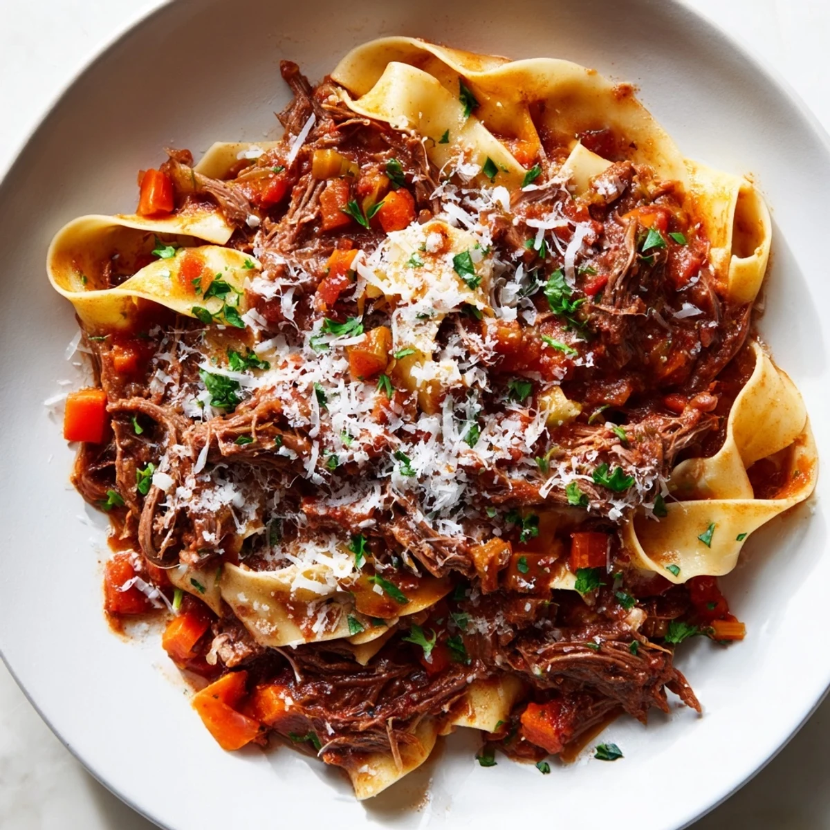 Creamy Slow Cooker Beef Ragu with Pappardelle served over silky pasta in a rustic Italian-style dish.