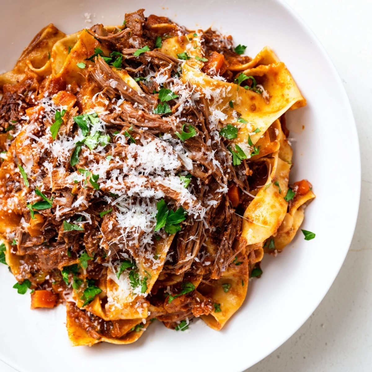 Hearty Slow Cooker Beef Ragu with Pappardelle featuring tender shredded beef and rich red sauce.