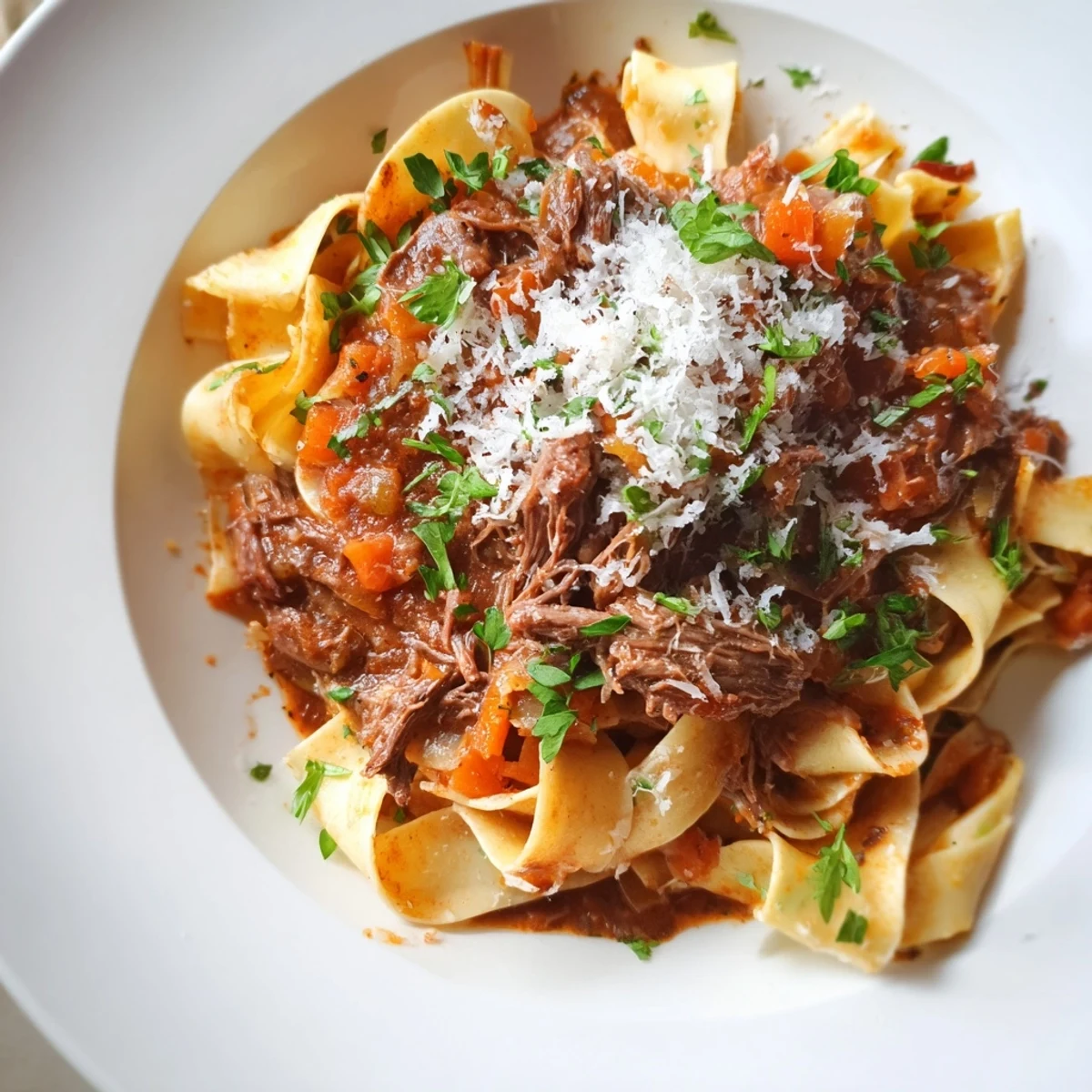 Savory Slow Cooker Beef Ragu with Pappardelle topped with fresh parsley and grated Parmesan cheese.