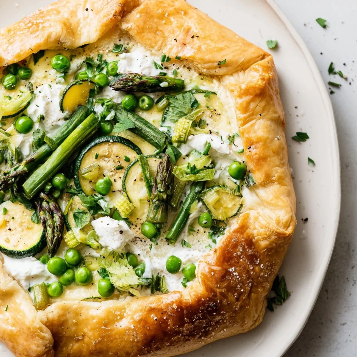 Golden-baked Spring Vegetable Galette with Goat Cheese shows flaky pastry crust cradling creamy cheese and bright green spring vegetables.