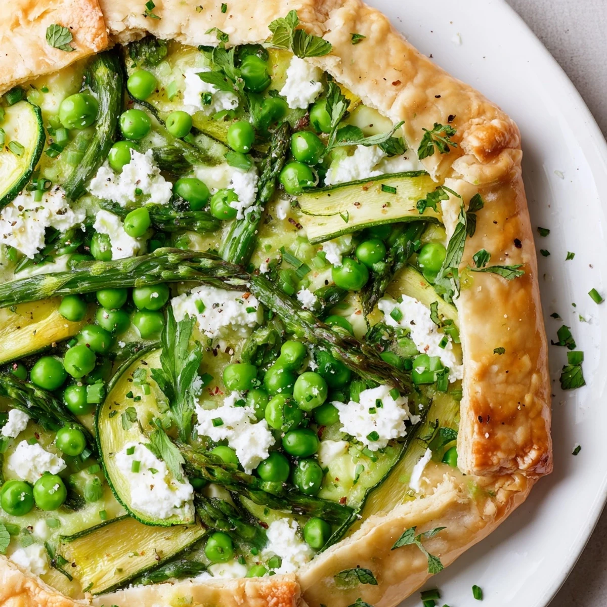A close-up slice of Spring Vegetable Galette with Goat Cheese highlights tender asparagus and snap peas on a rustic tart.