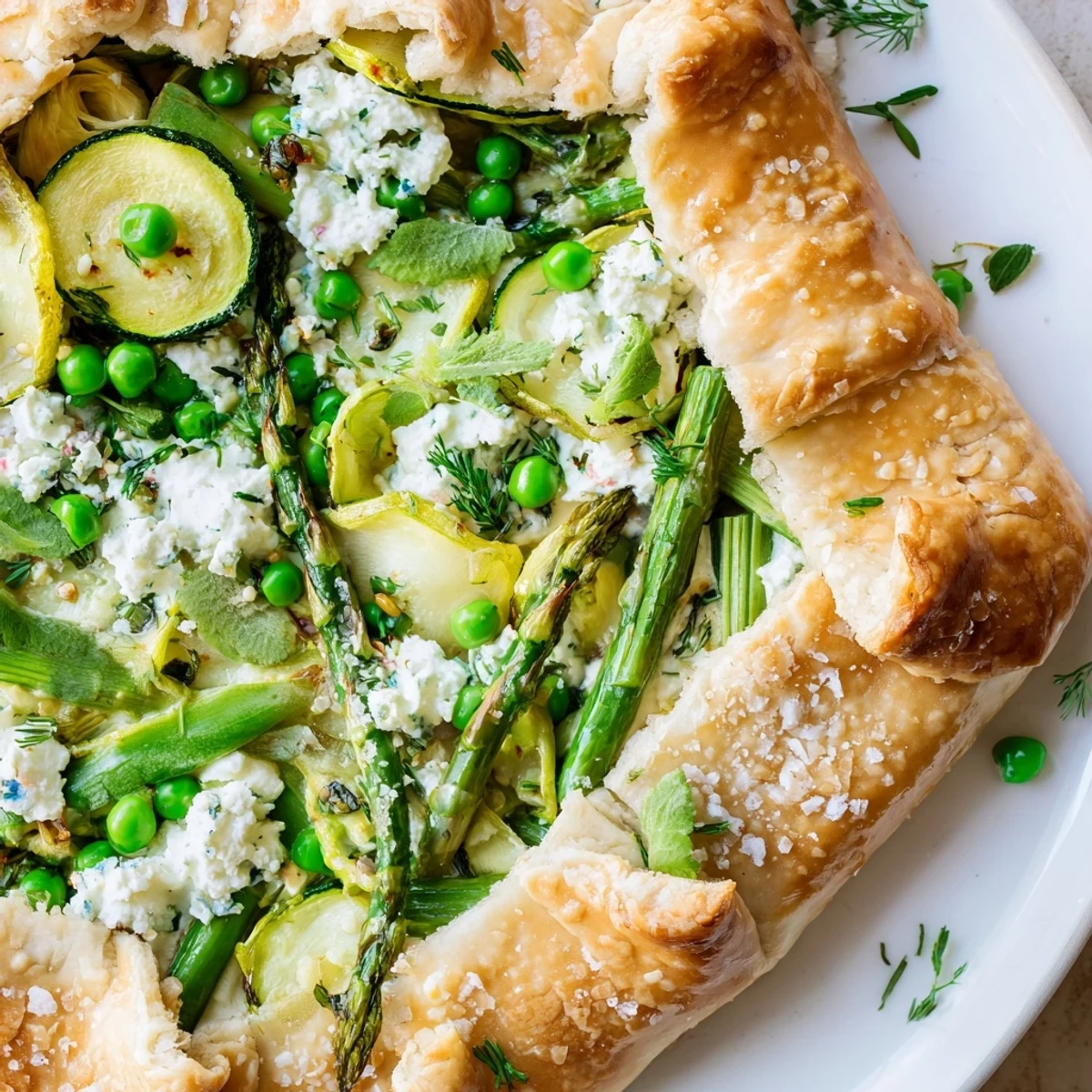 Serve the Spring Vegetable Galette with Goat Cheese warm from the oven, garnished with fresh herbs on a wooden board.