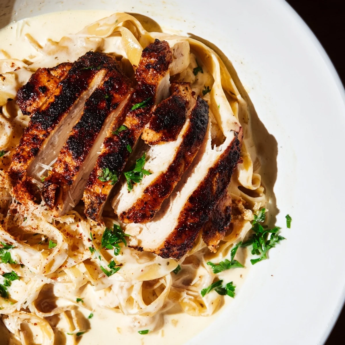 A close-up of Cajun Blackened Chicken Alfredo with creamy sauce clinging to fettuccine and golden chicken slices glistening under a sprinkle of parsley.