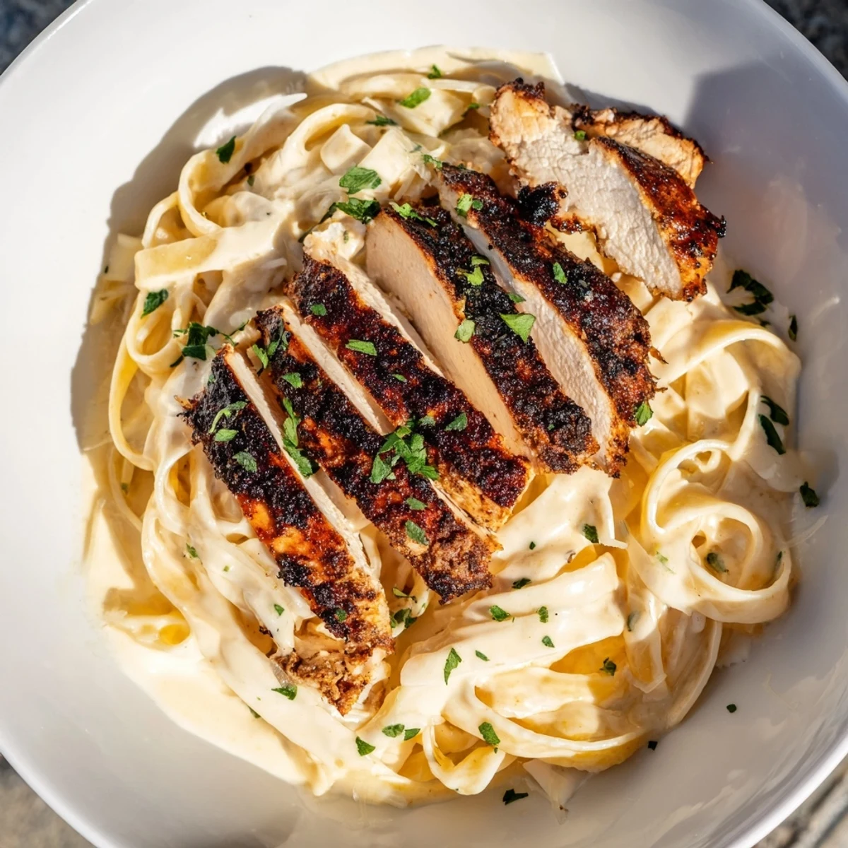 Overhead view of Cajun Blackened Chicken Alfredo plated on a rustic dish, showing generous Parmesan shavings and a side salad for a balanced dinner.