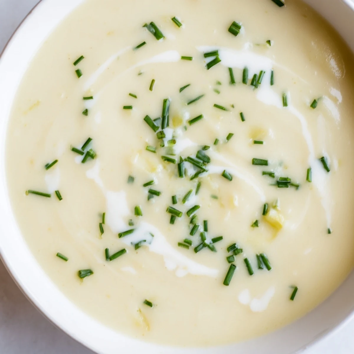 Creamy Potato Soup with Chives steaming in a rustic bowl, topped with fresh green chives and served beside crusty artisan bread.