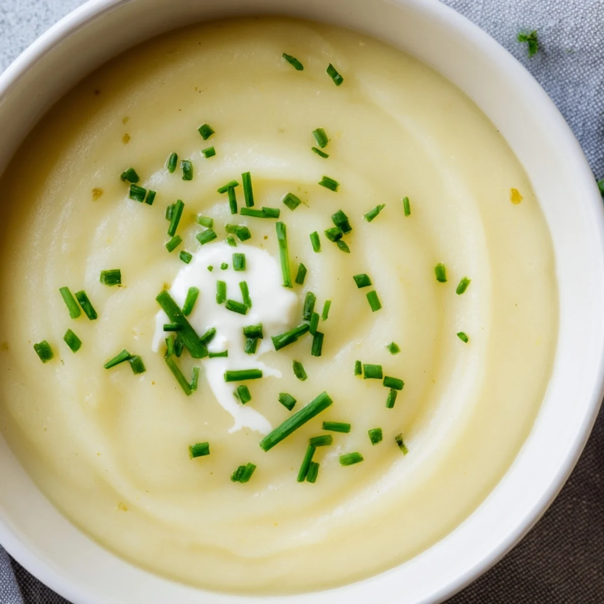 This Creamy Potato Soup with Chives shows a velvety texture, garnished with extra chives and a light dusting of black pepper.