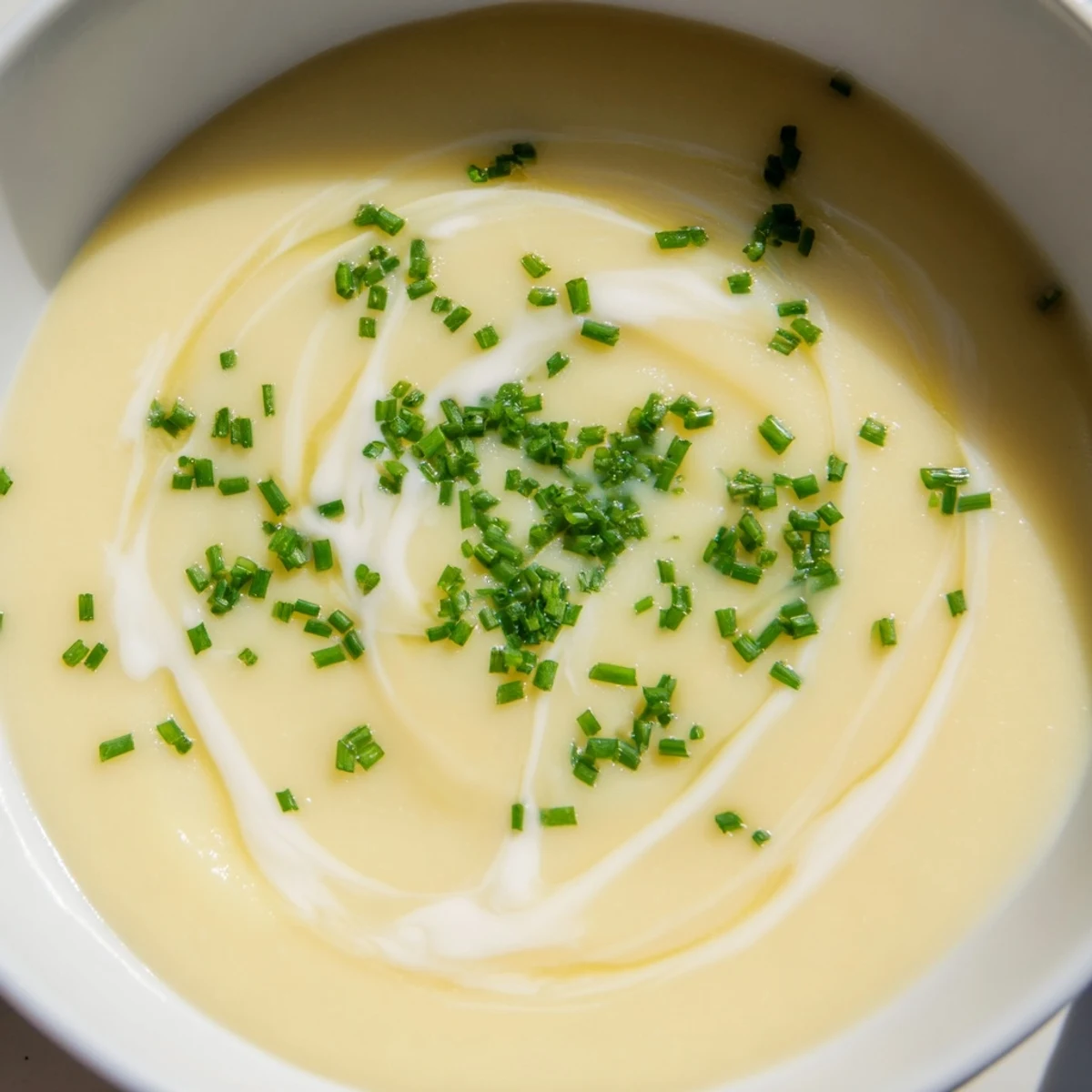 Warm Creamy Potato Soup with Chives served in a white ceramic mug, perfect for a cozy lunch or comforting dinner.