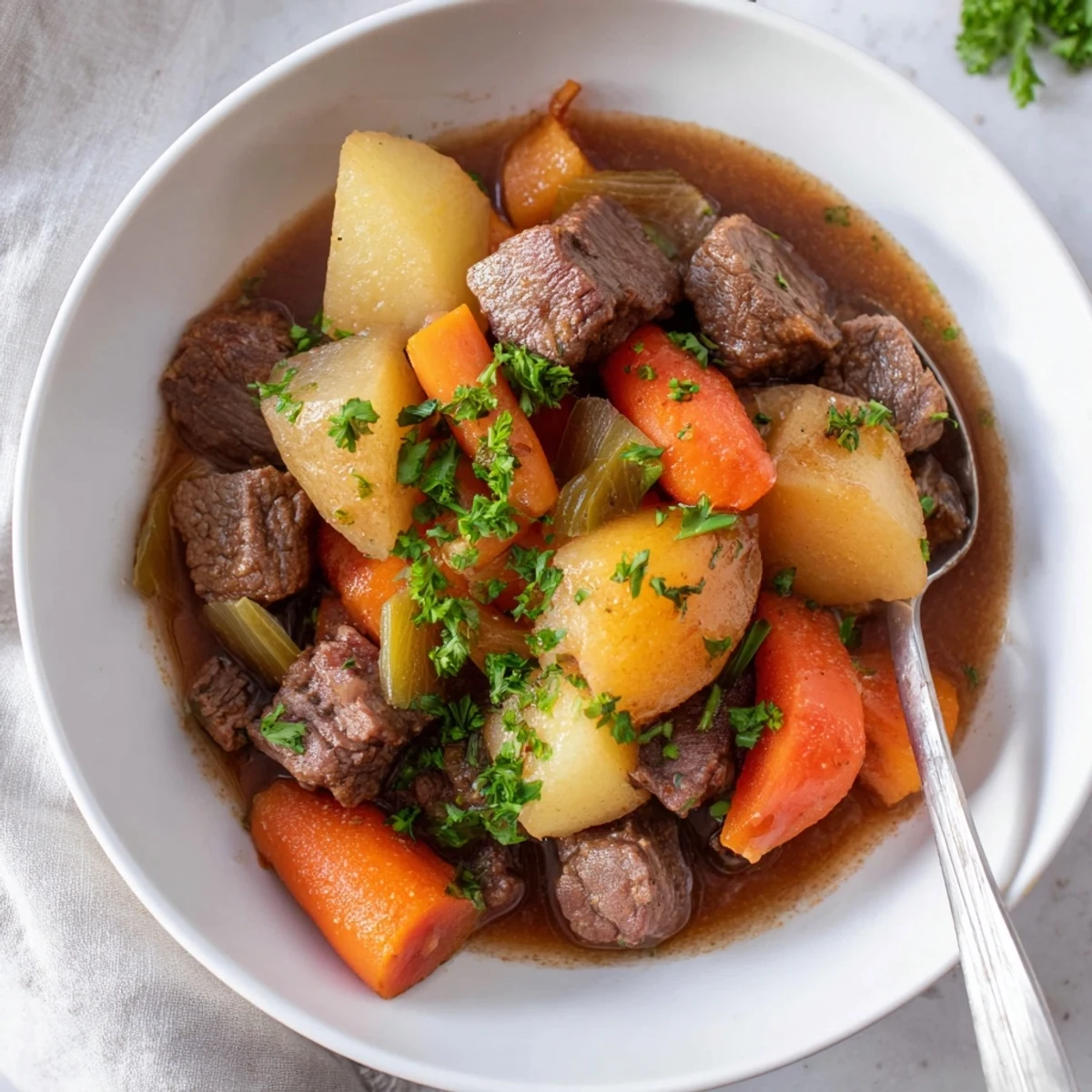 Steaming Irish Beef and Vegetable Stew in a rustic pot with tender chunks and fresh parsley garnish.