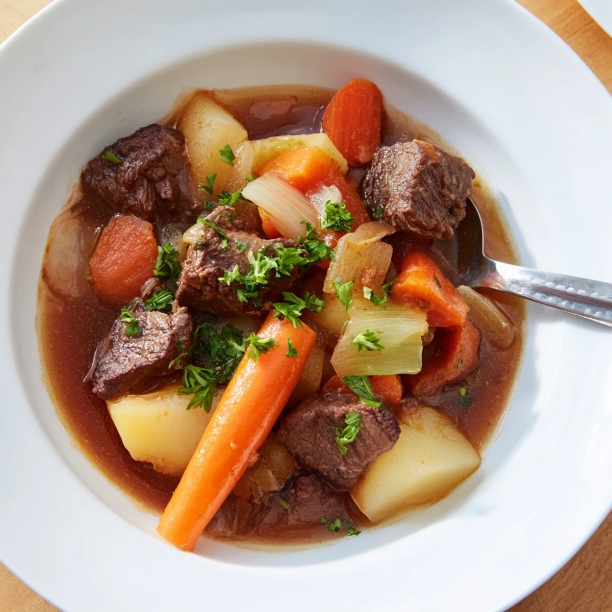 Serving suggestion for hearty Irish Beef and Vegetable Stew alongside crusty bread on a wooden table.